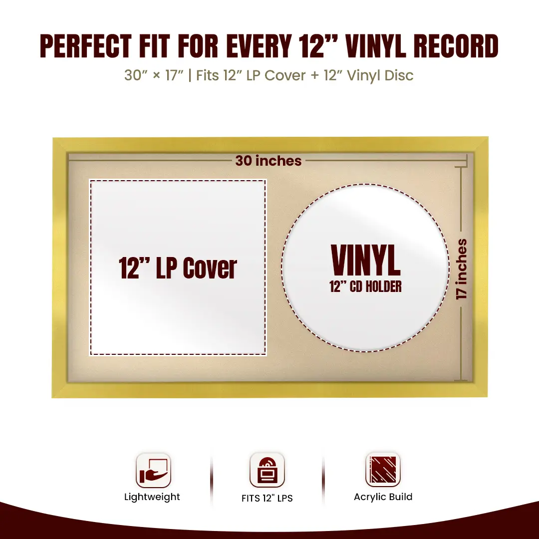 30x17" Modern Sleek Gold Vinyl Record Frame With Poppy Red Mount | Side by Side 12" LP Cover & Disc Display thumbnail 3