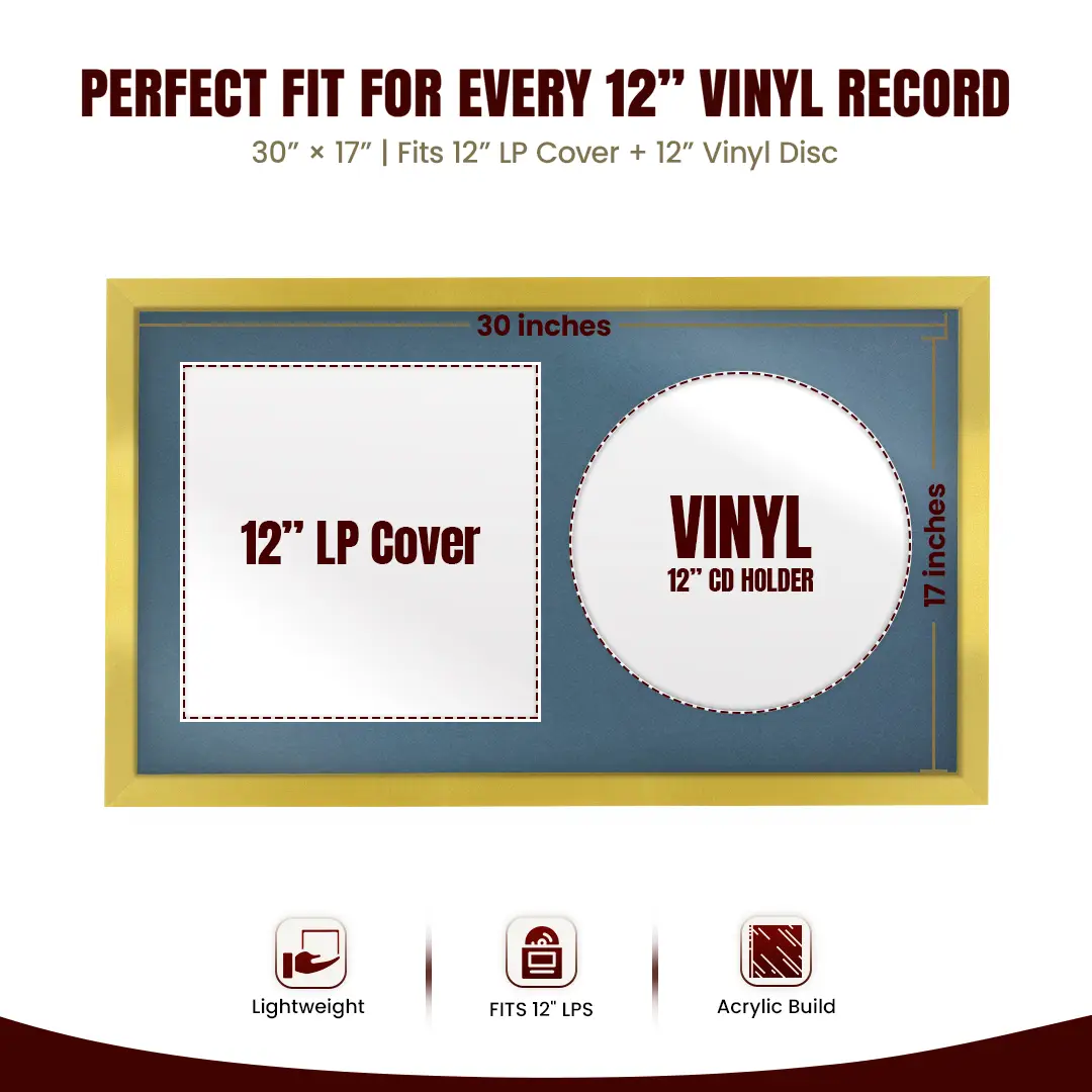 30x17" Modern Sleek Gold Vinyl Record Frame With Pompador Mount | Displays 12" LP Cover & Disc Side by Side thumbnail 3