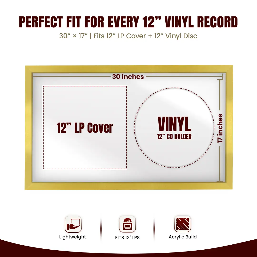 30x17" Modern Sleek Gold Vinyl Record Frame With Ice White Mount | Side by Side 12" LP Cover & Disc Display thumbnail 3