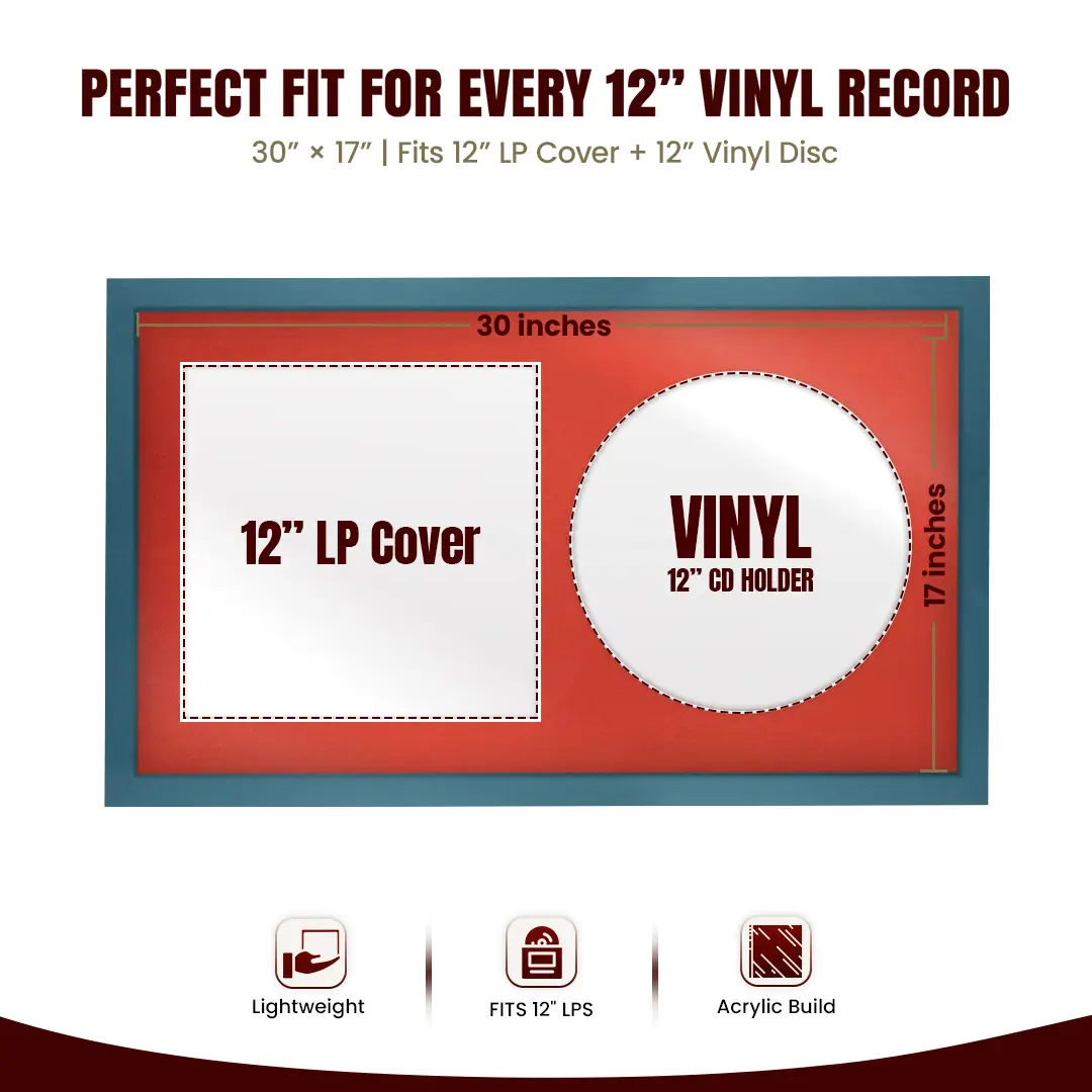 30x17" Modern Sleek Navy Blue Vinyl Record Frame With Poppy Red Mount | Displays 12" LP Cover & Disc Side by Side thumbnail 3