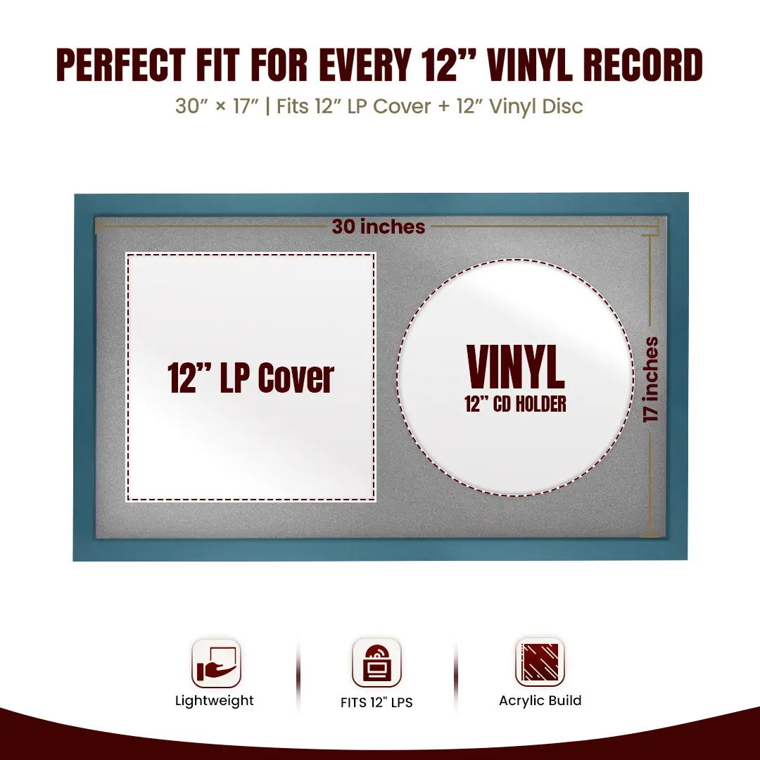 30x17" Modern Sleek Navy Blue Vinyl Record Frame With Poppy Red Mount | Side by Side 12" LP Cover & Disc Display thumbnail 3