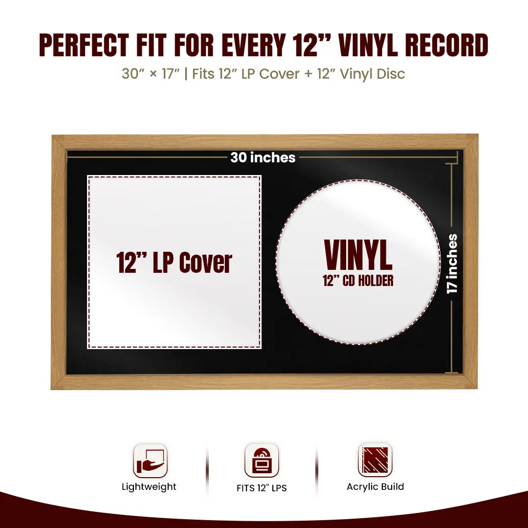 30x17" Modern Sleek Oak Vinyl Record Frame With Poppy Red Mount | Side by Side 12" LP Cover & Disc Display thumbnail 3