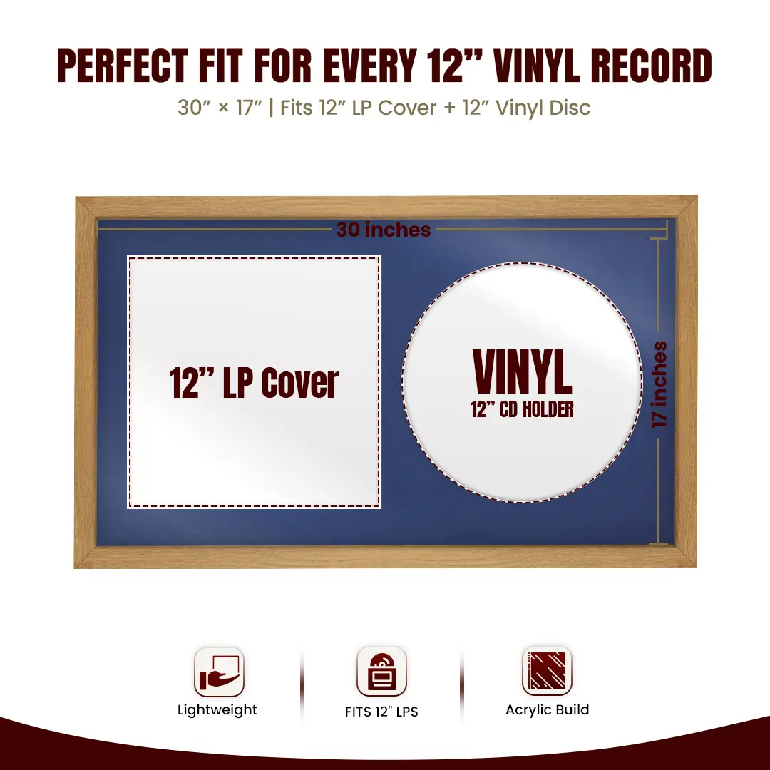 30x17" Modern Sleek Oak Vinyl Record Frame With Silver Mount | Displays 12" LP Cover & Disc Side by Side thumbnail 3