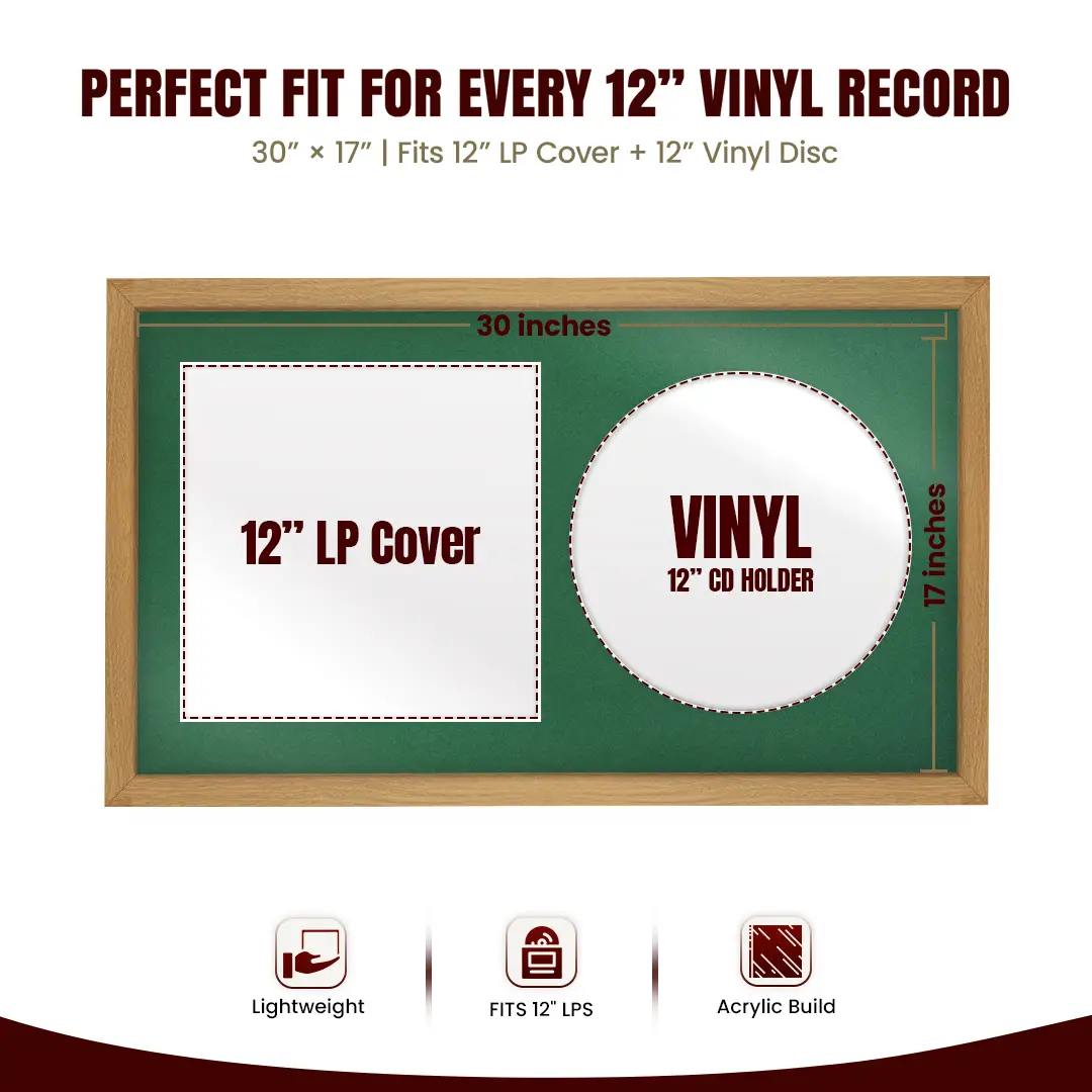 30x17" Modern Sleek Oak Vinyl Record Frame With Emerald (Green) Mount | Displays 12" LP Cover & Disc Side by Side thumbnail 3