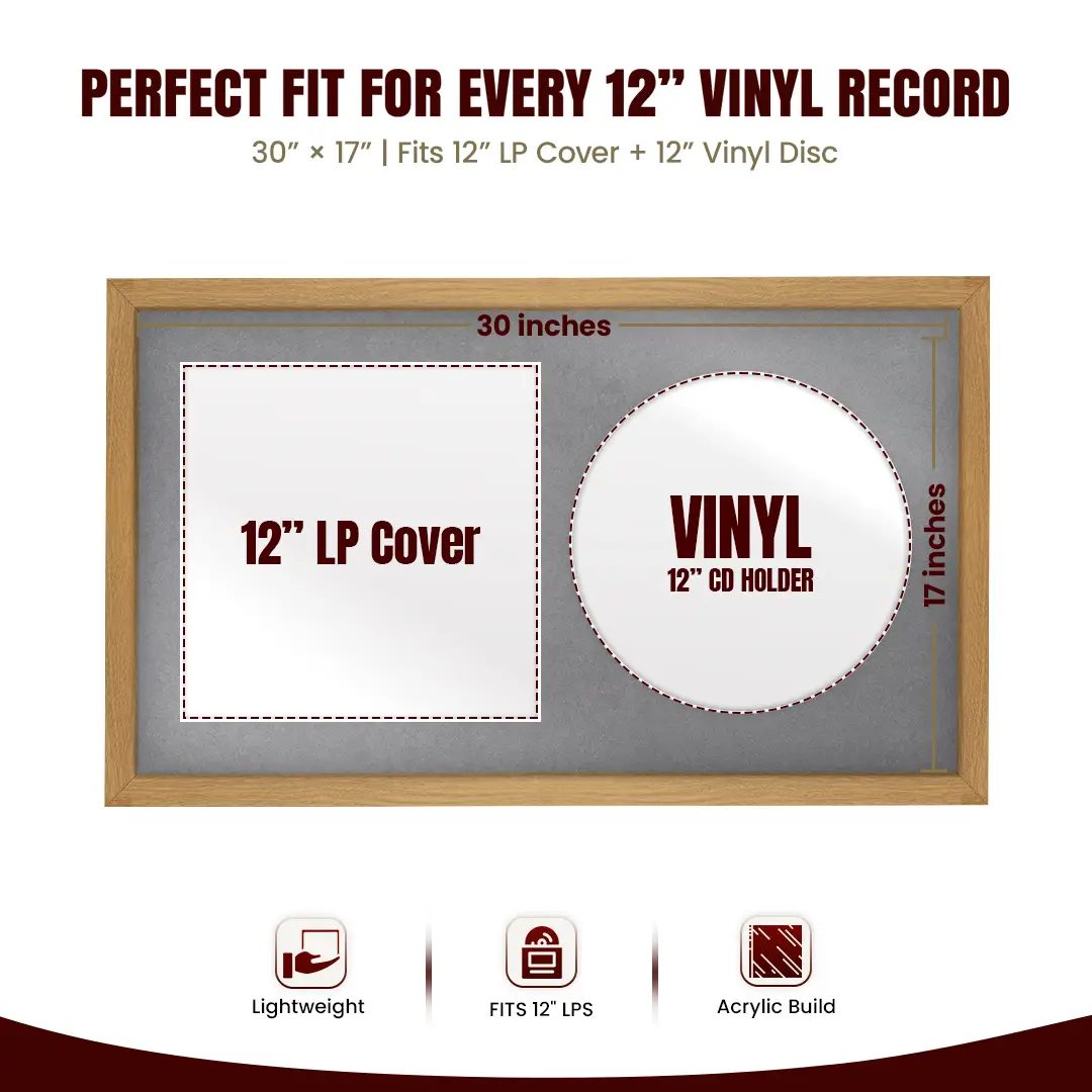 30x17" Modern Sleek Oak Vinyl Record Frame With Mid Grey Mount | For 12" LP Cover and Disc Side By Side Display thumbnail 3