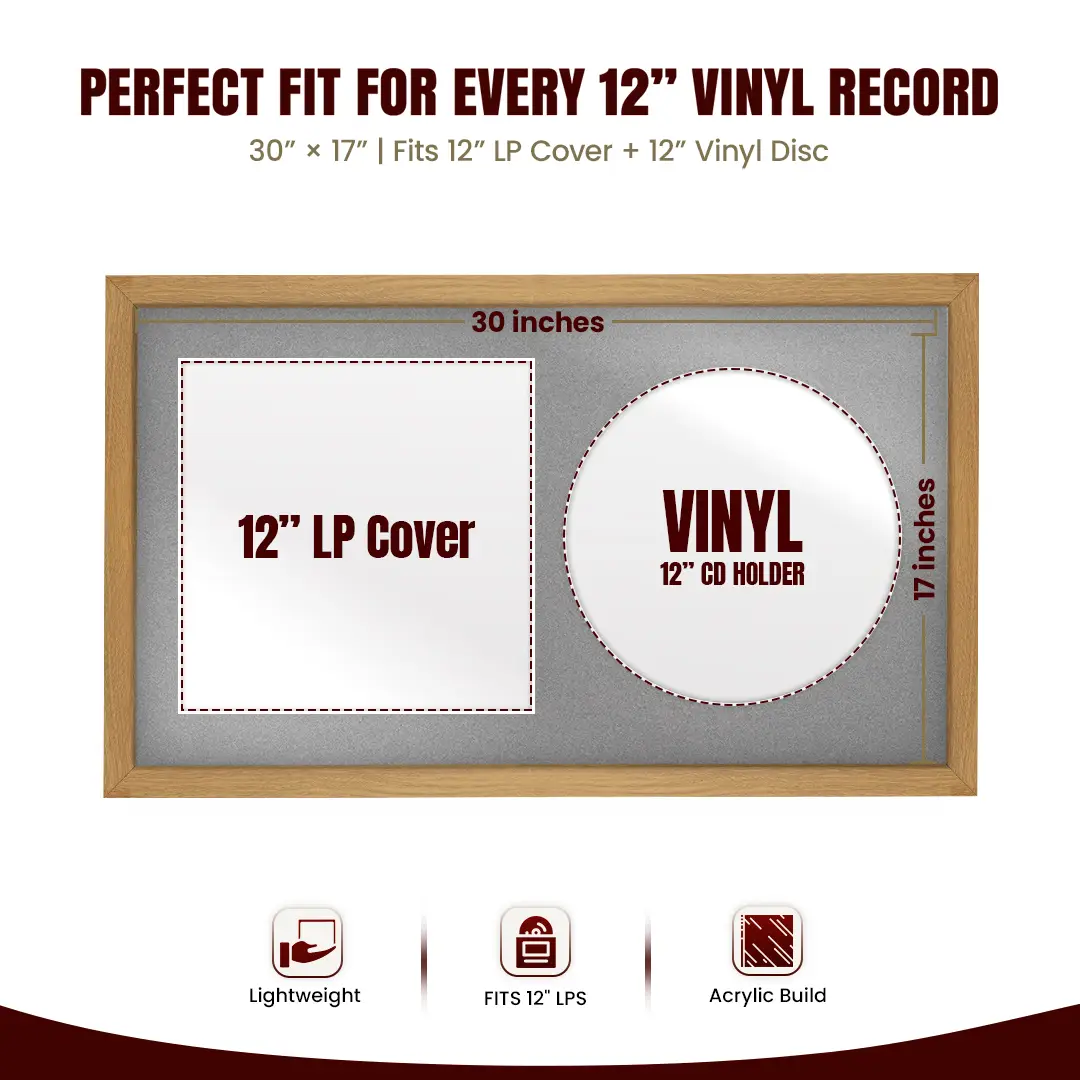 30x17" Modern Sleek Oak Vinyl Record Frame With Silver Mount | Side by Side 12" LP Cover & Disc Display thumbnail 3