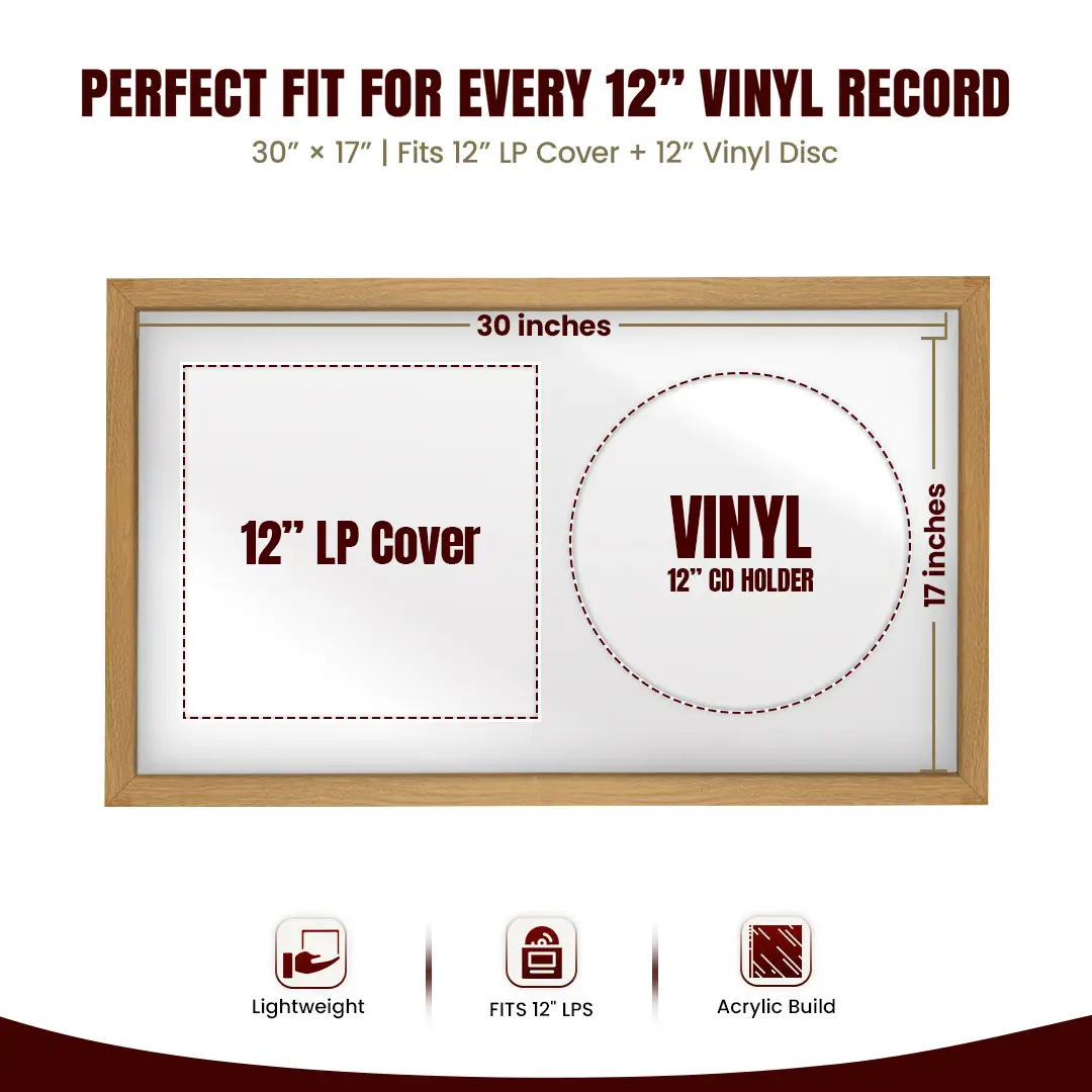 30x17" Modern Sleek Oak Vinyl Record Frame With Ice White Mount | Displays 12" LP Cover & Disc Side by Side thumbnail 3