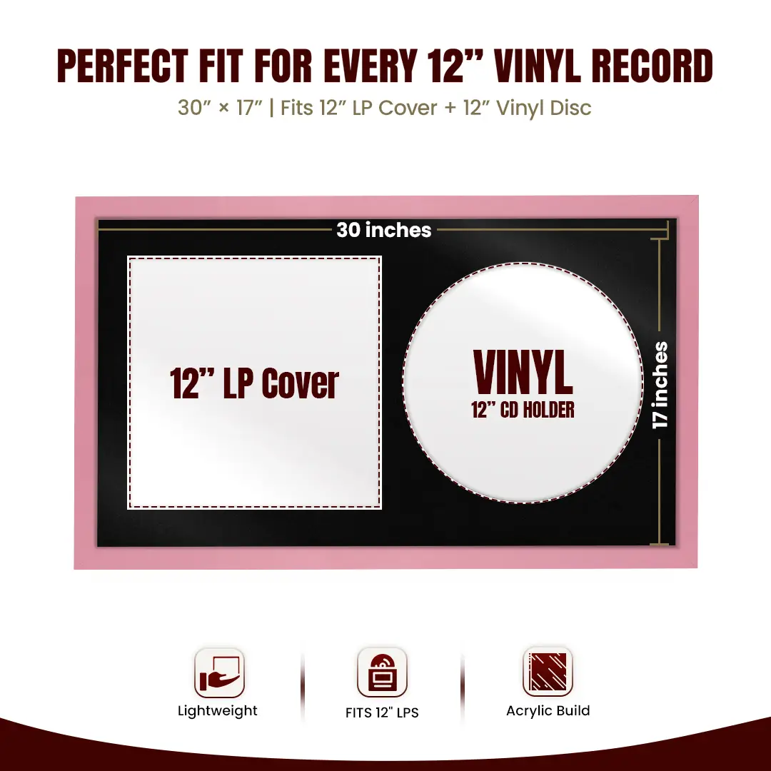30x17" Modern Sleek Pastel Pink Vinyl Record Frame With Black Mount | For 12" LP Cover and Disc Side By Side Display thumbnail 3