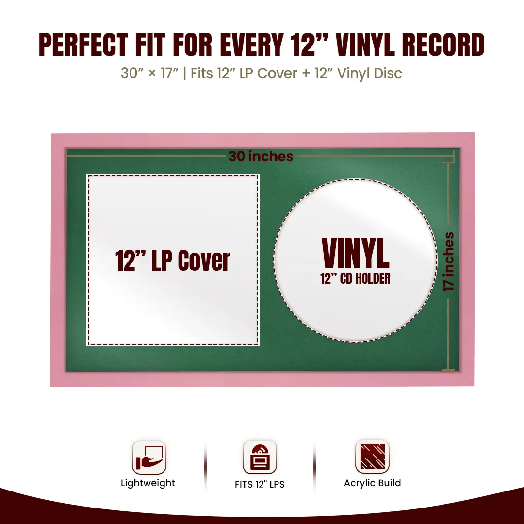 30x17" Modern Sleek Pastel Pink Vinyl Record Frame With Emerald (Green) Mount | For 12" LP Cover and Disc Side By Side Display thumbnail 3
