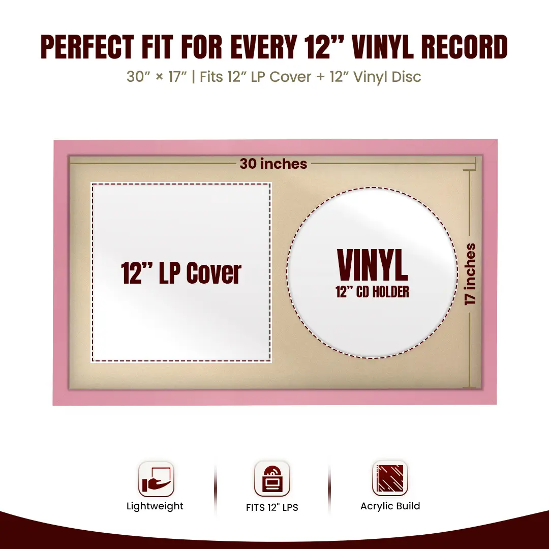 30x17" Modern Sleek Pastel Pink Vinyl Record Frame With Ivory Mount | Displays 12" LP Cover & Disc Side by Side thumbnail 3