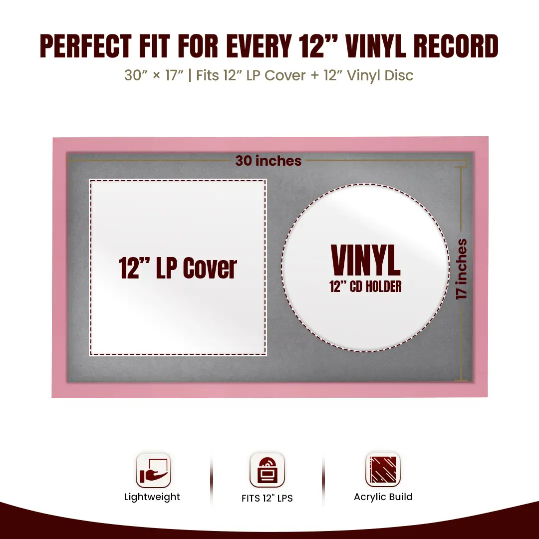 30x17" Modern Sleek Pastel Pink Vinyl Record Frame With Silver Mount | Displays 12" LP Cover & Disc Side by Side thumbnail 3