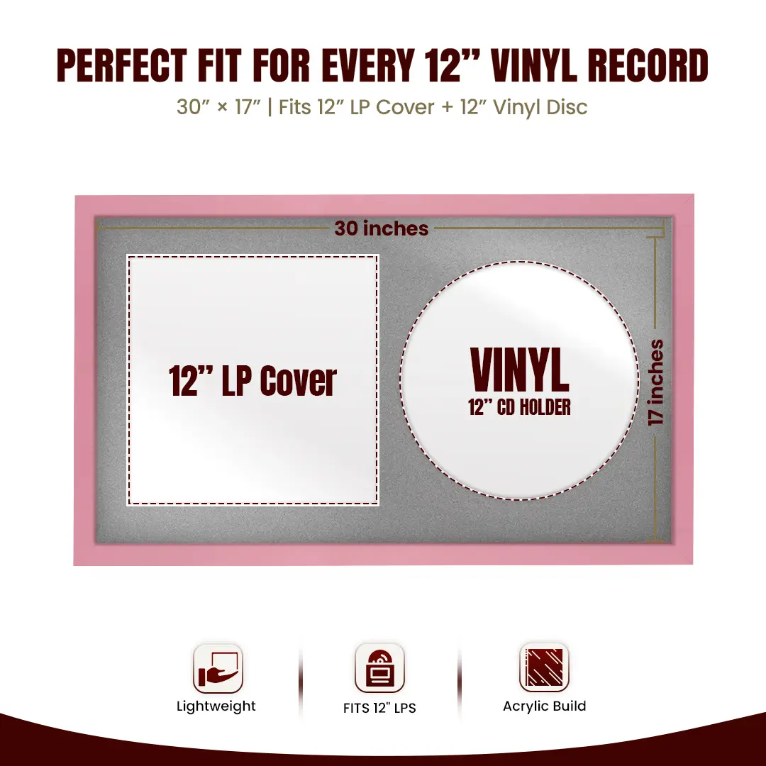30x17" Modern Sleek Pastel Pink Vinyl Record Frame With Silver Mount | Displays 12" LP Cover & Disc Side by Side thumbnail 3