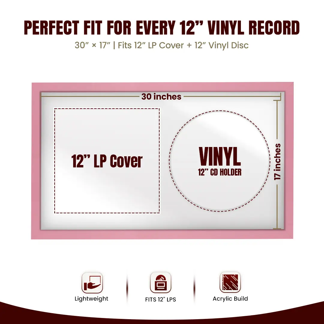 30x17" Modern Sleek Pastel Pink Vinyl Record Frame With Ice White Mount | Displays 12" LP Cover & Disc Side by Side thumbnail 3
