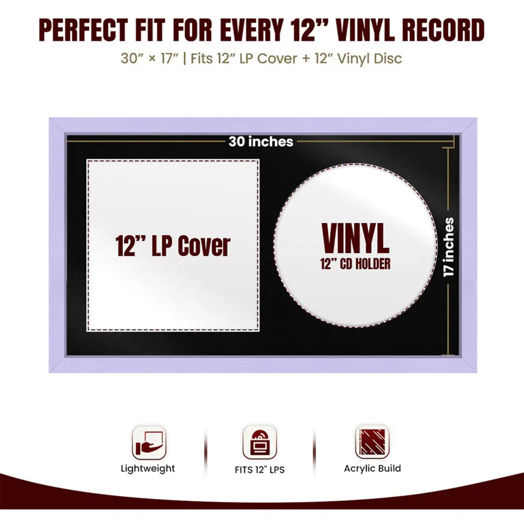 30x17" Modern Sleek Purple Vinyl Record Frame With Black Mount | Displays 12" LP Cover & Disc Side by Side thumbnail 3