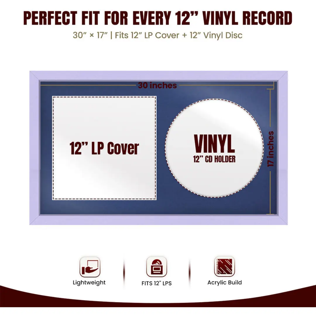 30x17" Modern Sleek Purple Vinyl Record Frame With Blue Mount | Displays 12" LP Cover & Disc Side by Side thumbnail 3