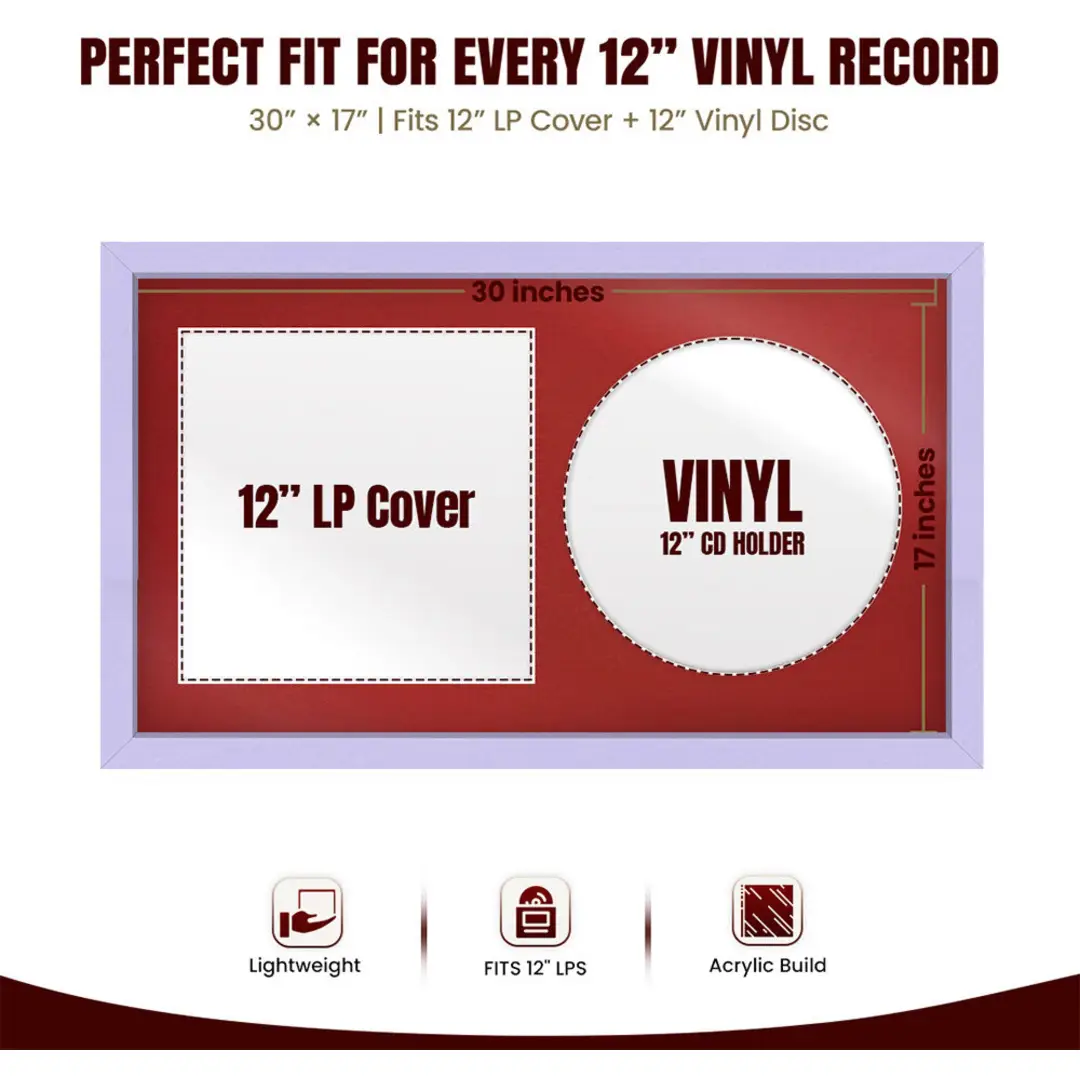 30x17" Modern Sleek Purple Vinyl Record Frame With Crimson Mount | Side by Side 12" LP Cover & Disc Display thumbnail 3
