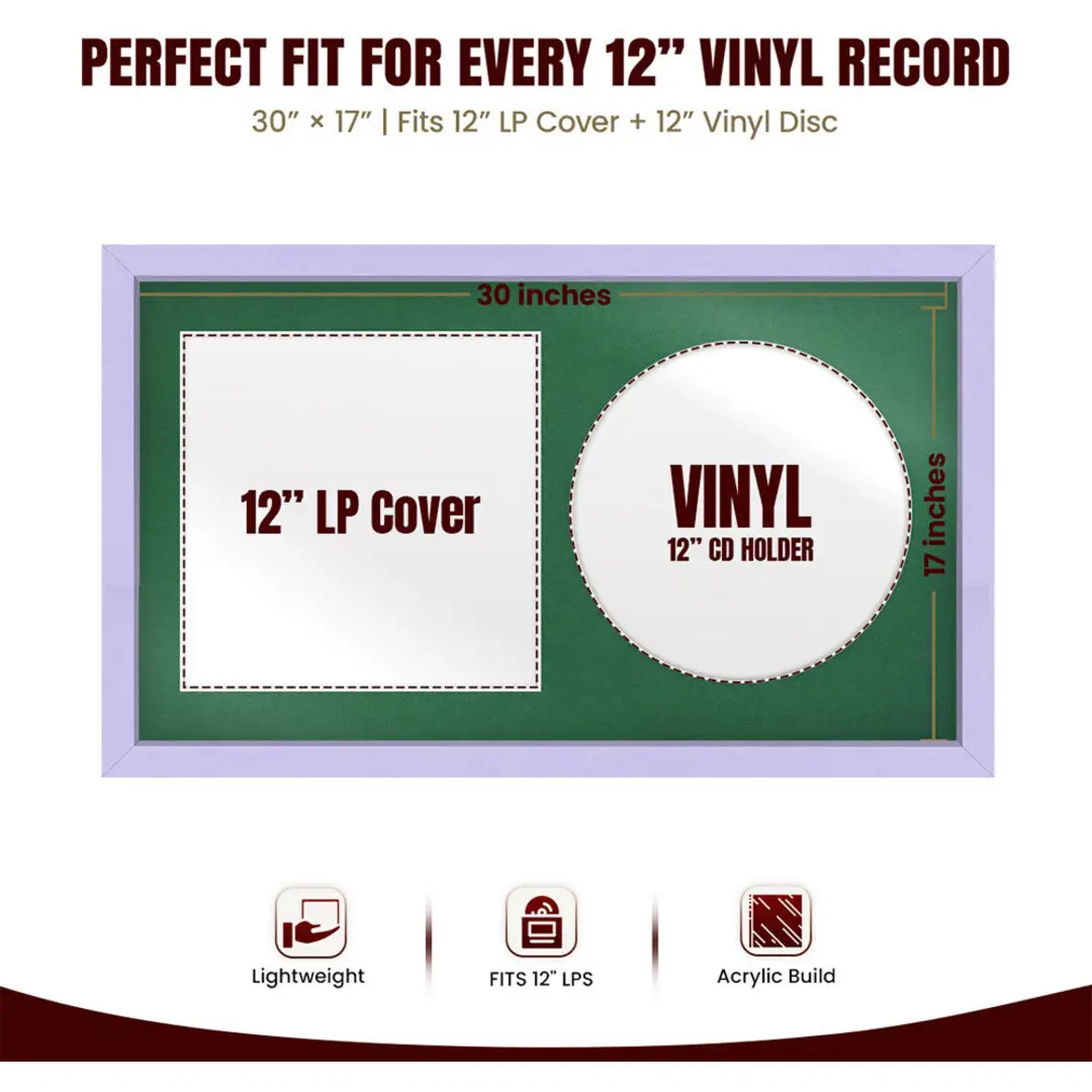 30x17" Modern Sleek Purple Vinyl Record Frame With Emerald (Green) Mount | Side by Side 12" LP Cover & Disc Display thumbnail 3