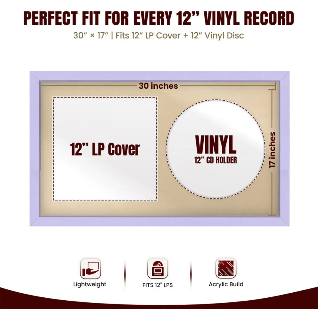 30x17" Modern Sleek Purple Vinyl Record Frame With Ivory Mount | Displays 12" LP Cover & Disc Side by Side thumbnail 3