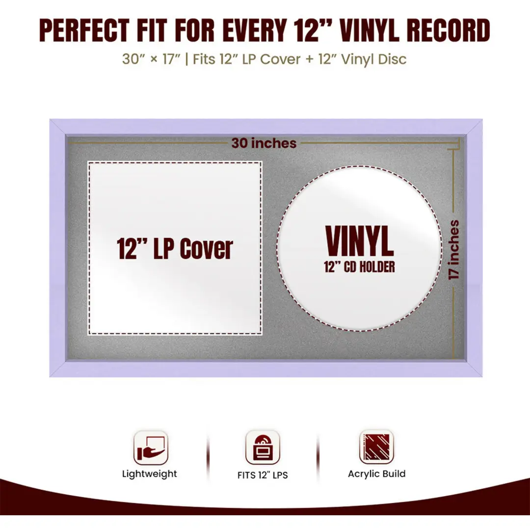 30x17" Modern Sleek Purple Vinyl Record Frame With Silver Mount | For 12" LP Cover and Disc Side By Side Display thumbnail 3