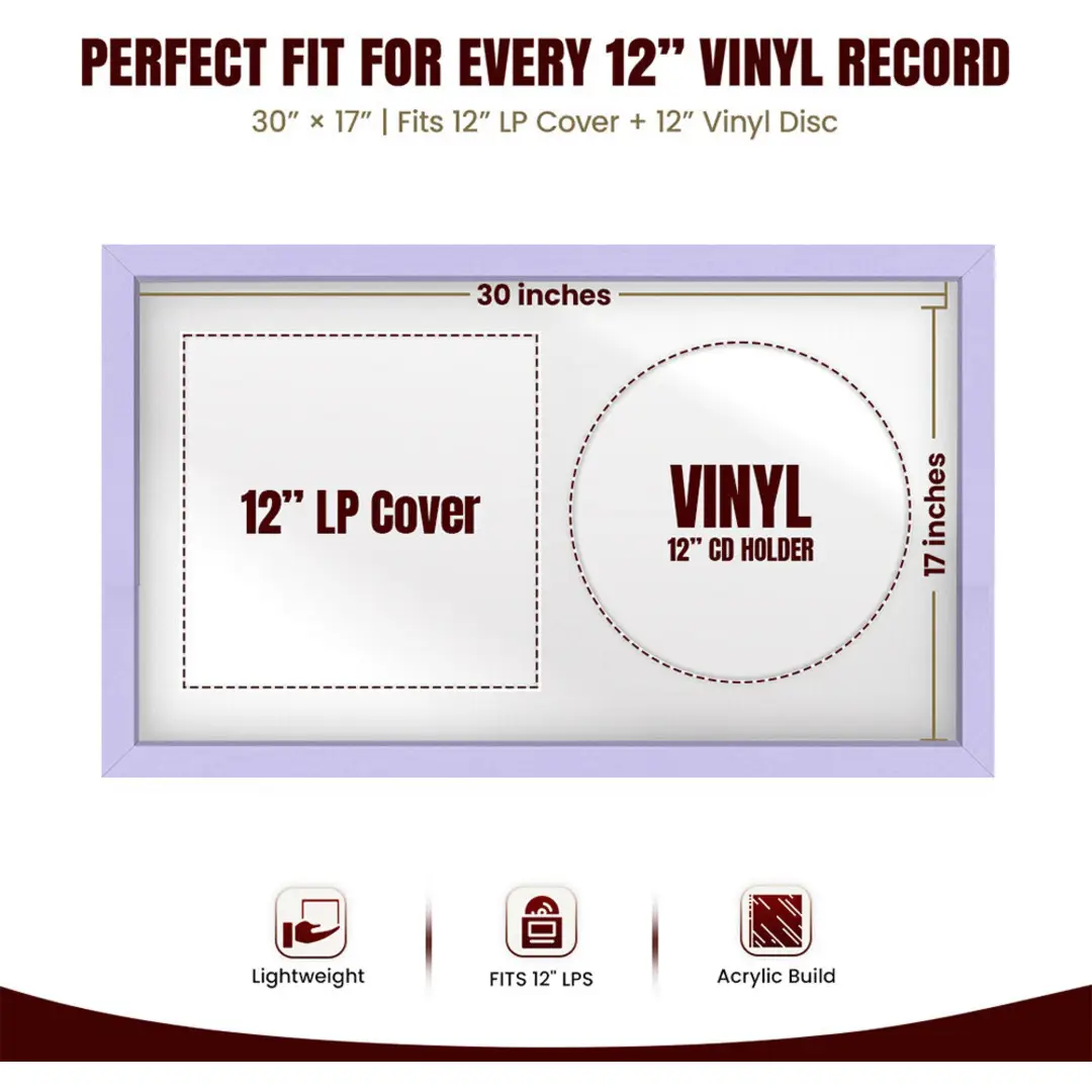 30x17" Modern Sleek Purple Vinyl Record Frame With Ice White Mount | For 12" LP Cover and Disc Side By Side Display thumbnail 3