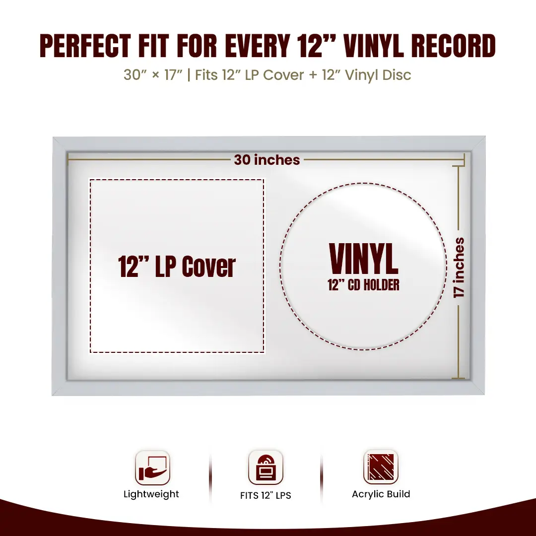 30x17" Modern Sleek Silver Vinyl Record Frame With Ice White Mount | For 12" LP Cover and Disc Side By Side Display thumbnail 3