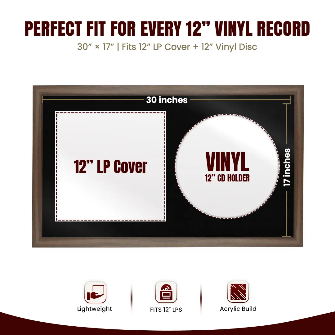30x17" Modern Sleek Walnut Vinyl Record Frame With Black Mount | For 12" LP Cover and Disc Side By Side Display thumbnail 3