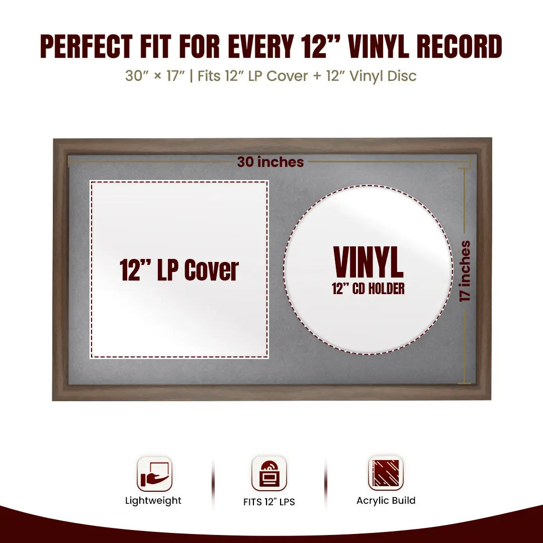 30x17" Modern Sleek Walnut Vinyl Record Frame With Mid Grey Mount | Displays 12" LP Cover & Disc Side by Side thumbnail 3