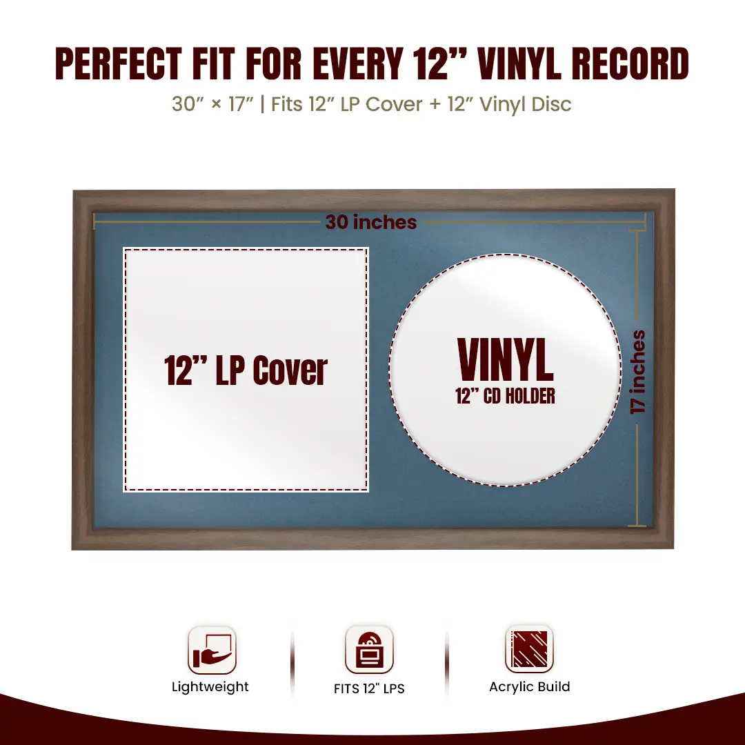 30x17" Modern Sleek Walnut Vinyl Record Frame With Pompador Mount | Displays 12" LP Cover & Disc Side by Side thumbnail 3