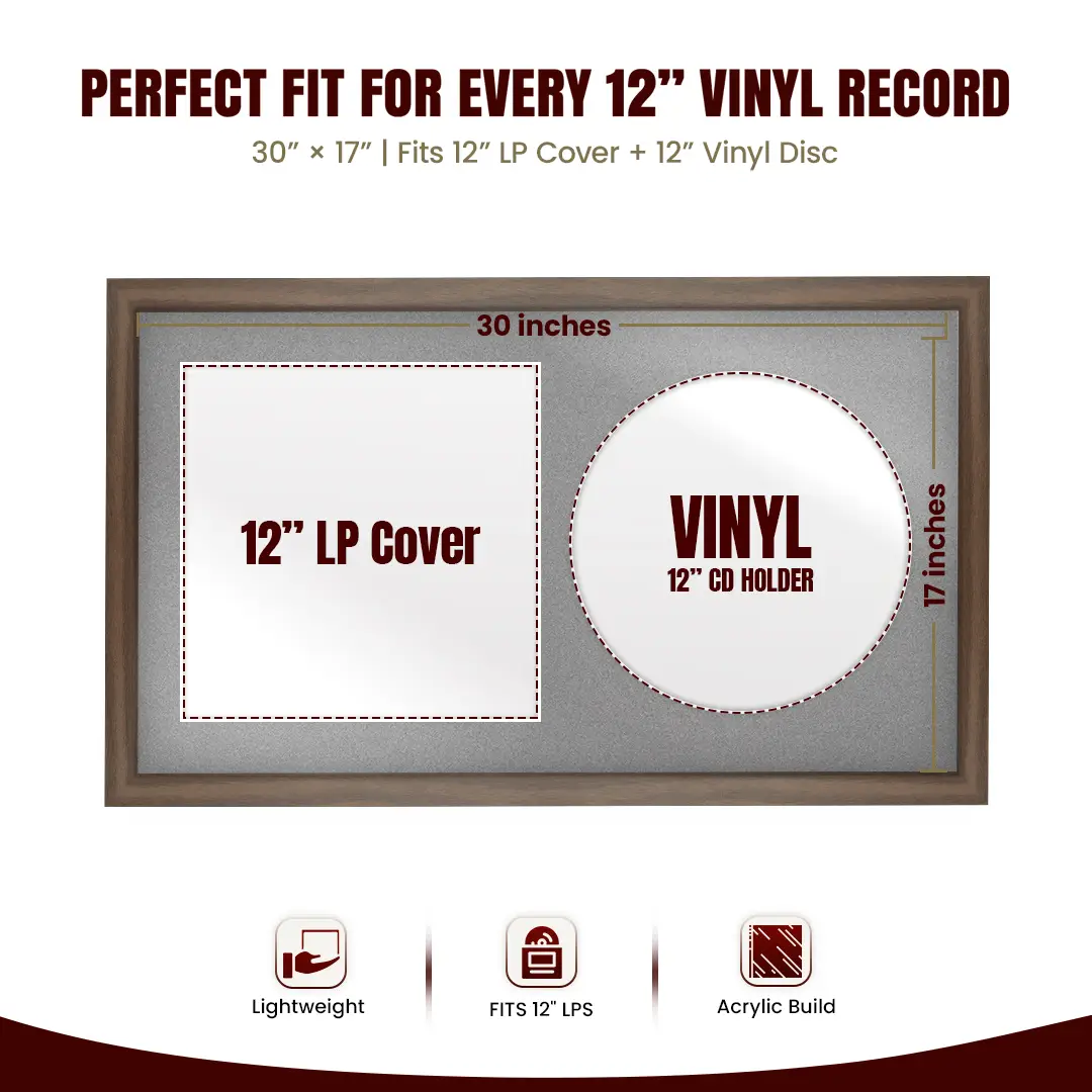 30x17" Modern Sleek Walnut Vinyl Record Frame With Poppy Red Mount | Side by Side 12" LP Cover & Disc Display thumbnail 3