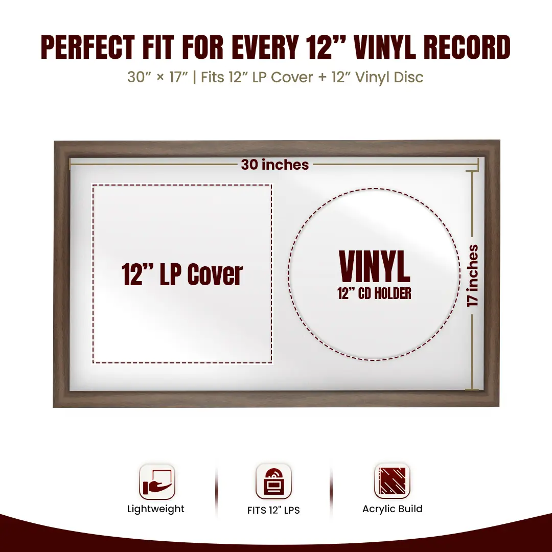 30x17" Modern Sleek Walnut Vinyl Record Frame With Silver Mount | For 12" LP Cover and Disc Side By Side Display thumbnail 3