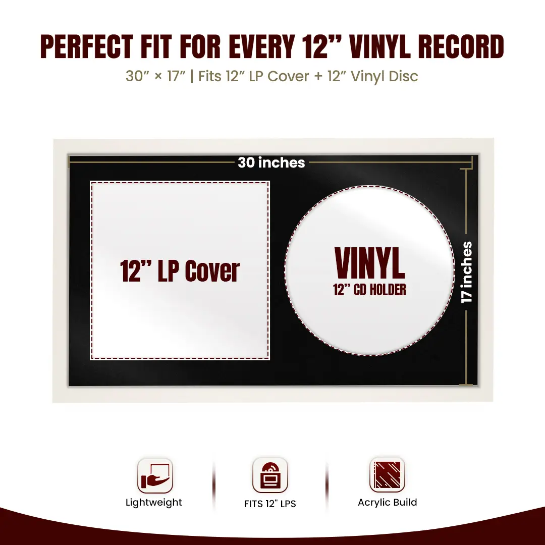 30x17" Modern Sleek White Vinyl Record Frame With Black Mount | For 12" LP Cover and Disc Side By Side Display thumbnail 3