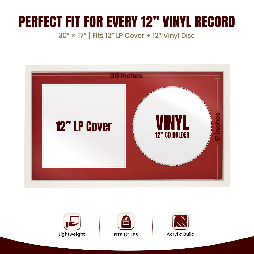 30x17" Modern Sleek White Vinyl Record Frame With Crimson Mount | For 12" LP Cover and Disc Side By Side Display thumbnail 3