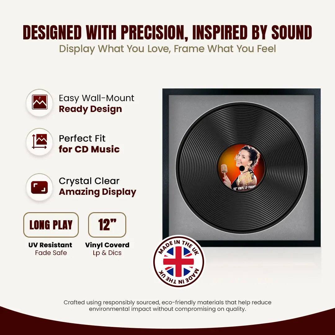 16x16" Modern Sleek Black Vinyl Record Frame With Mid Grey Mount For 12" LP Discs | Contemporary Wall Display thumbnail 8