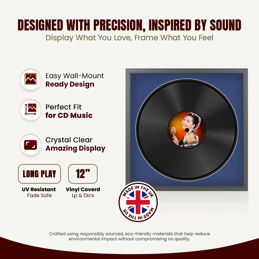 16x16" Modern Sleek Dark Grey Vinyl Record Frame With Blue Mount For 12" LP Discs | Contemporary Wall Display thumbnail 8