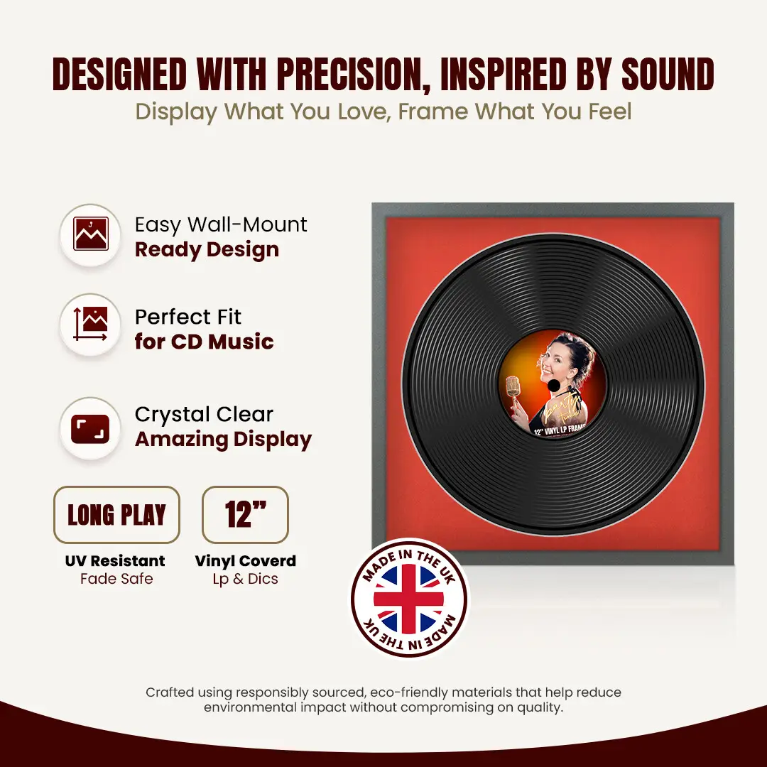 16x16" Modern Sleek Dark Grey Vinyl Record Frame With Poppy Red Mount For 12" LP Discs | Contemporary Wall Display thumbnail 8