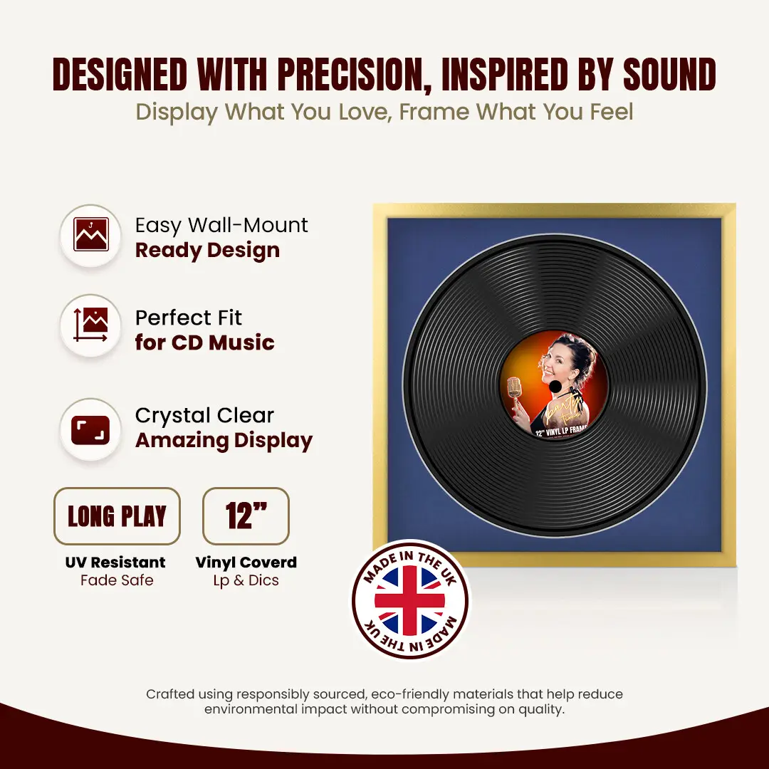 16x16" Modern Sleek Gold Vinyl Record Frame With Blue Mount For 12" LP Discs | Contemporary Wall Display thumbnail 8