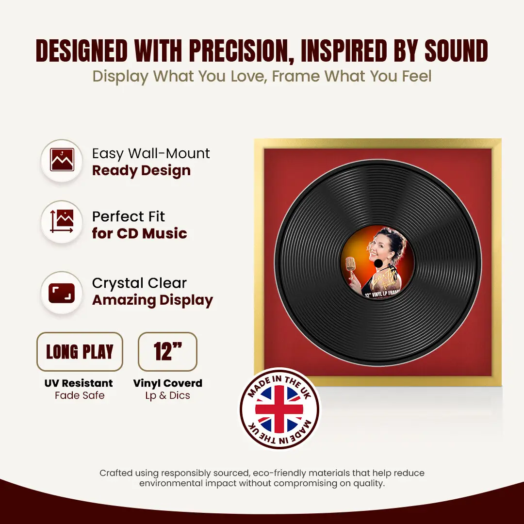 16x16" Modern Sleek Gold Vinyl Record Frame With Crimson Mount For 12" LP Discs | Contemporary Wall Display thumbnail 8