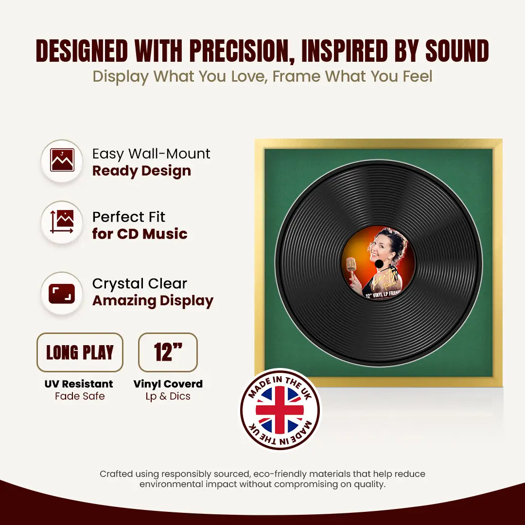 16x16" Modern Sleek Gold Vinyl Record Frame With Emerald (Green) Mount For 12" LP Discs | Elegant Frame For Music Lovers thumbnail 8