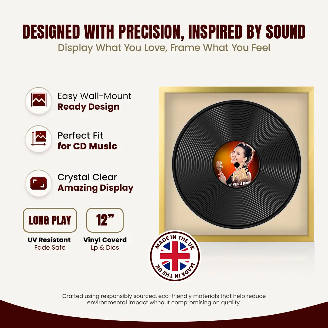 16x16" Modern Sleek Gold Vinyl Record Frame With Ivory Mount For 12" LP Discs | Premium Wall Frame For Music Enthusiasts thumbnail 8