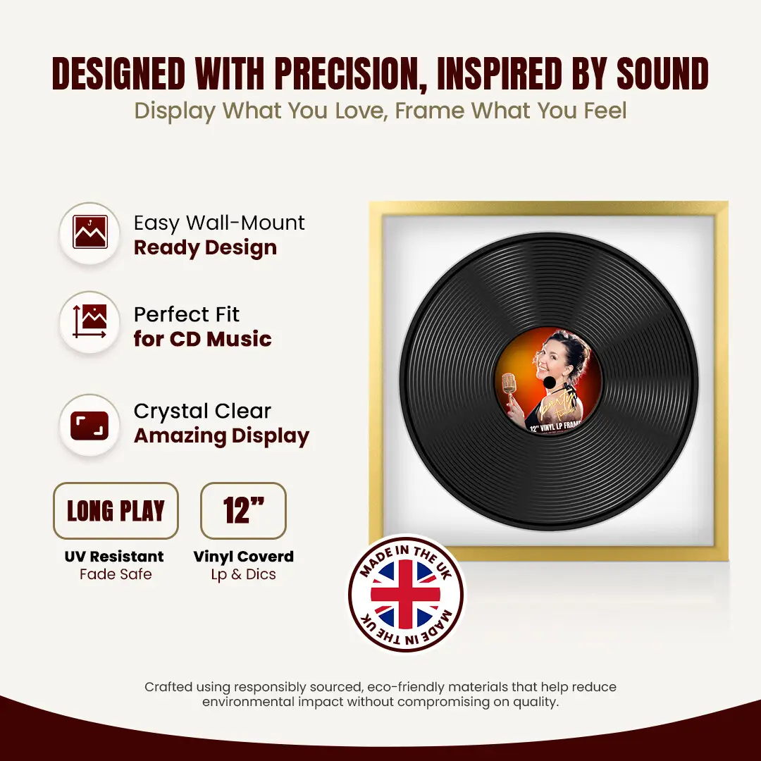 16x16" Modern Sleek Gold Vinyl Record Frame With Ice White Mount For 12" LP Discs | Premium Wall Frame For Music Enthusiasts thumbnail 8