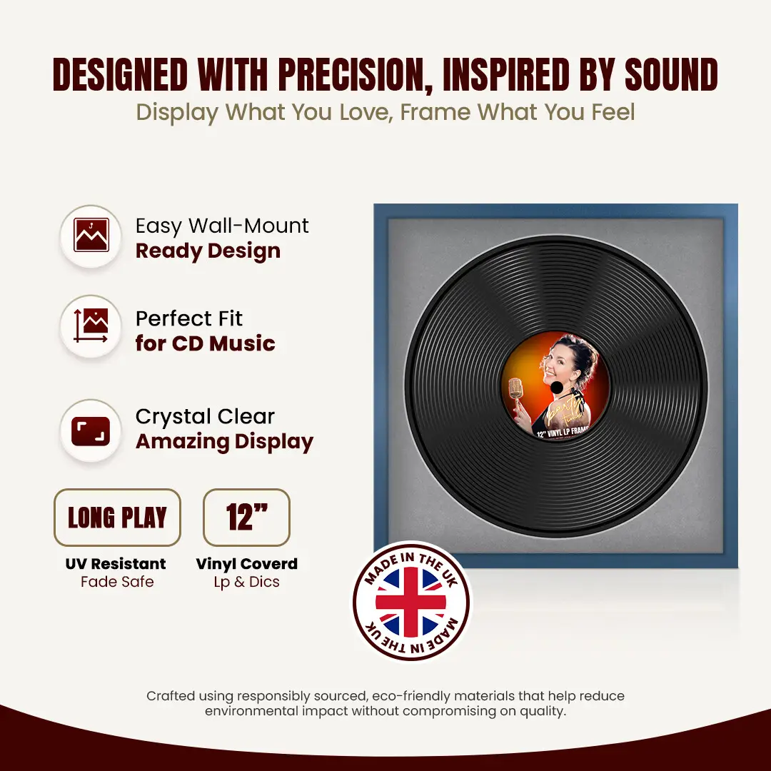 16x16" Modern Sleek Navy Blue Vinyl Record Frame With Mid Grey Mount For 12" LP Discs | Elegant Frame For Music Lovers thumbnail 8