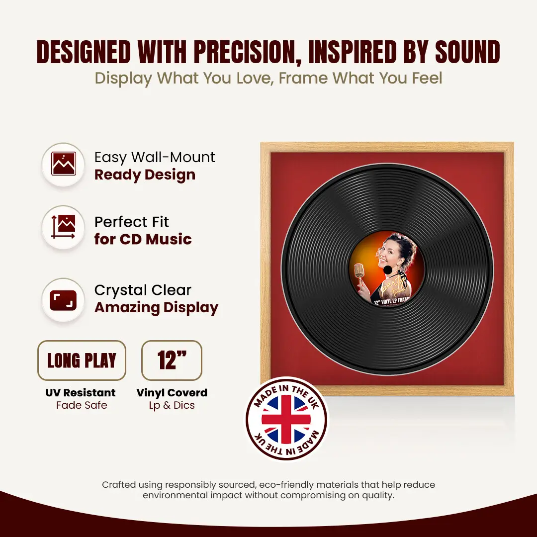 16x16" Modern Sleek Oak Vinyl Record Frame With Crimson Mount For 12" LP Discs | Contemporary Wall Display thumbnail 8