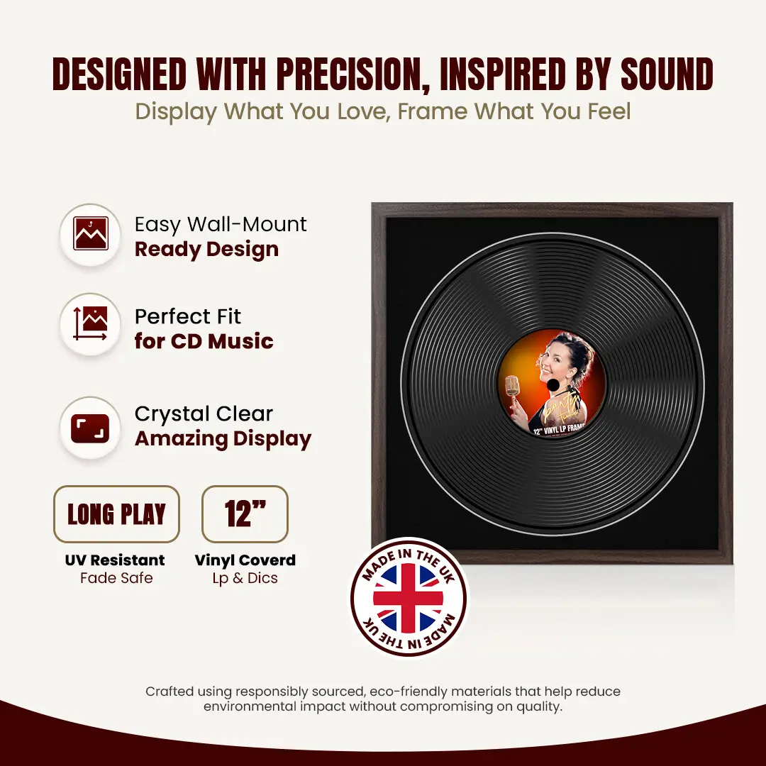16x16" Modern Sleek Walnut Vinyl Record Frame With Black Mount For 12" LP Discs | Contemporary Wall Display thumbnail 8