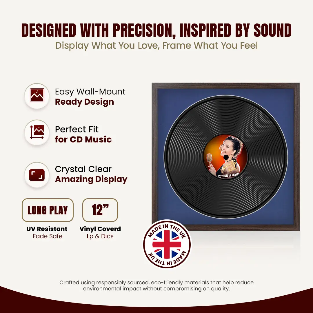 16x16" Modern Sleek Walnut Vinyl Record Frame With Blue Mount For 12" LP Discs | Elegant Frame For Music Lovers thumbnail 8