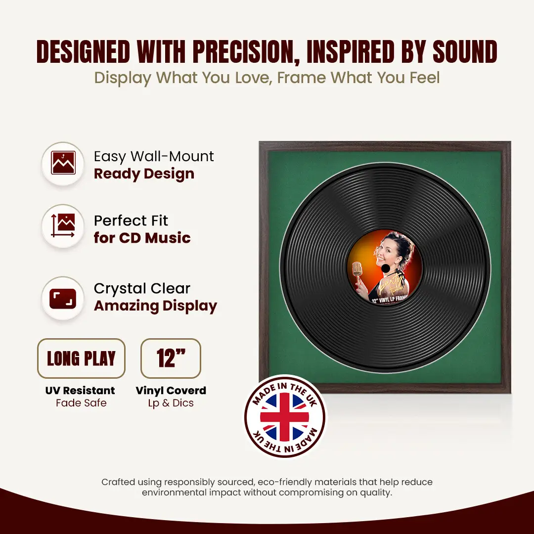 16x16" Modern Sleek Walnut Vinyl Record Frame With Emerald (Green) Mount For 12" LP Discs | Elegant Frame For Music Lovers thumbnail 8