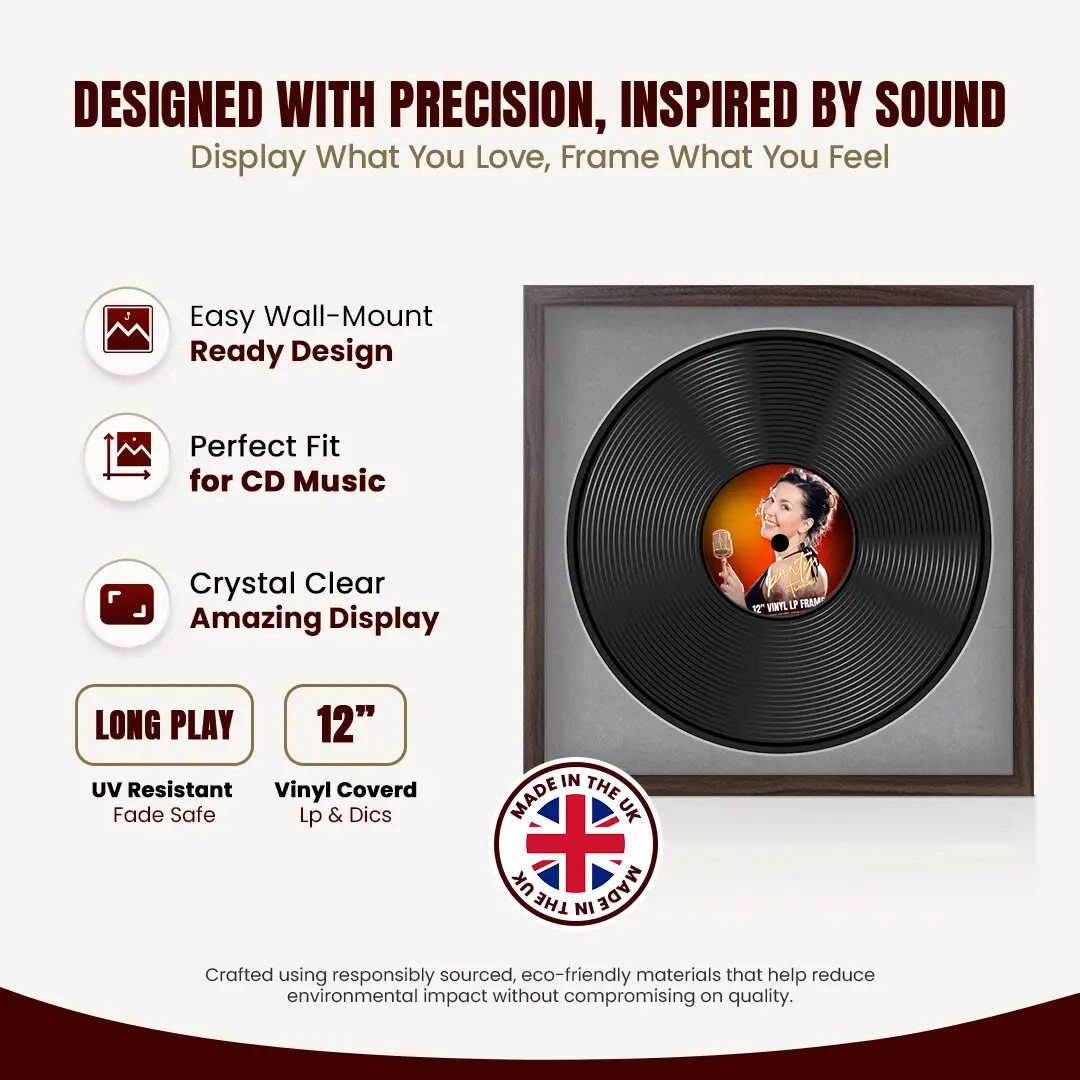 16x16" Modern Sleek Walnut Vinyl Record Frame With Mid Grey Mount For 12" LP Discs | Contemporary Wall Display thumbnail 8