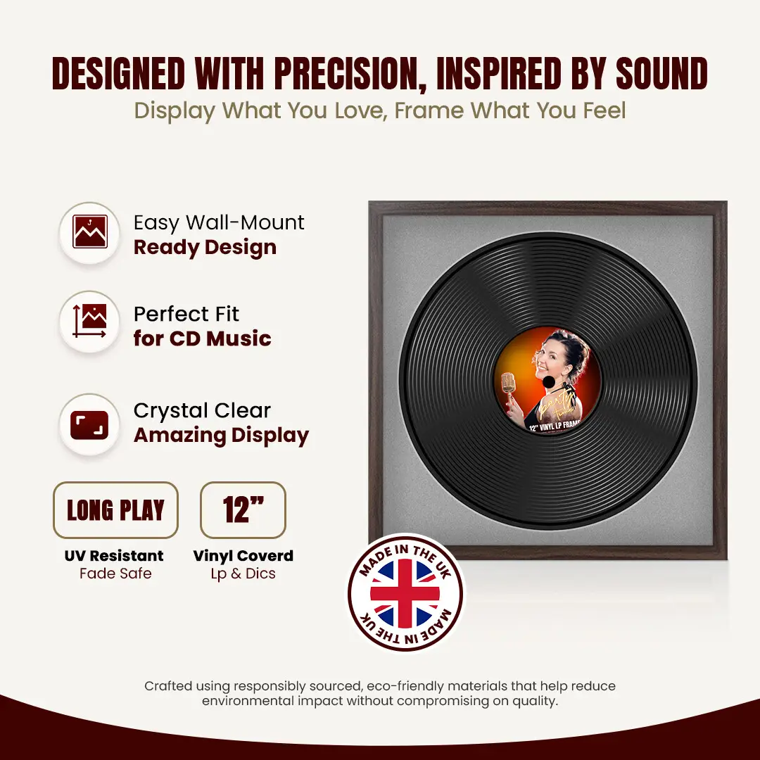 16x16" Modern Sleek Walnut Vinyl Record Frame With Silver Mount For 12" LP Discs | Premium Wall Frame For Music Enthusiasts thumbnail 8