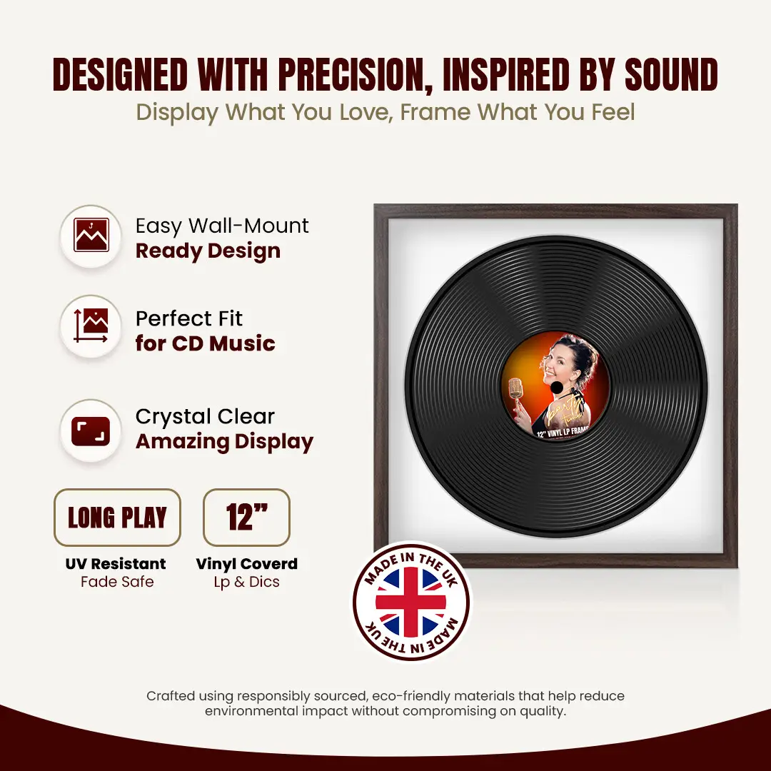 16x16" Modern Sleek Walnut Vinyl Record Frame With Ice White Mount For 12" LP Discs | Contemporary Wall Display thumbnail 8