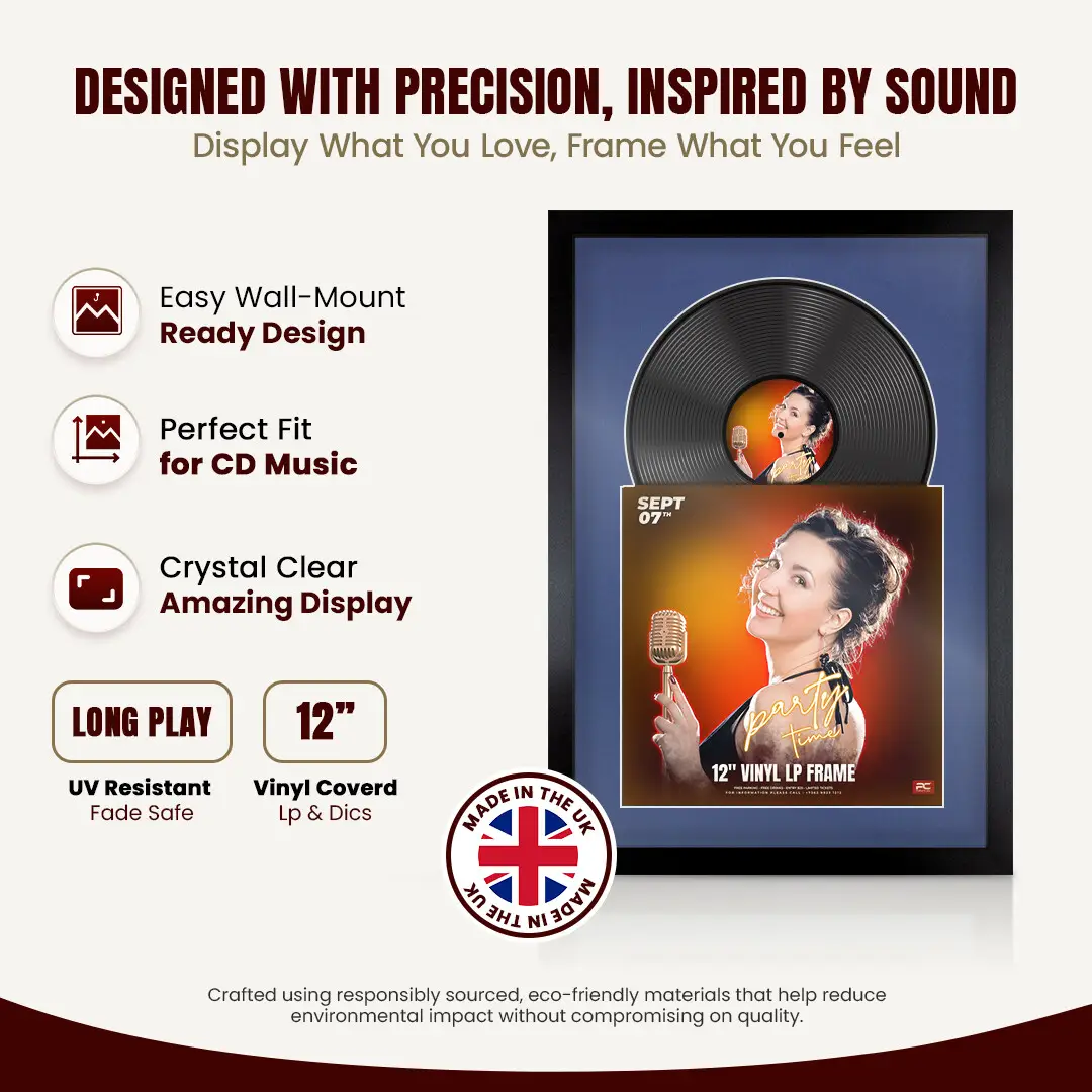 25x17" Modern Sleek Black Vinyl Record Frame For LP Cover & Disc With Poppy Red Mount | Overlapped Display thumbnail 8