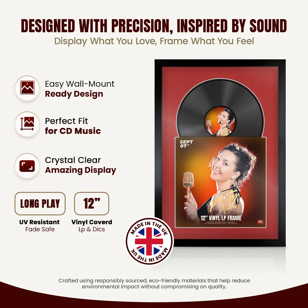 25x17" Modern Sleek Black Vinyl Record Frame For 12 Inch LP Cover & Disc (Overlapped) With Crimson Mount | Elegant Music Display thumbnail 8